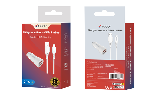 [TKVAA-AL] Kit Chargeur Voiture 20W Double USB + Câble USB A vers Lightning