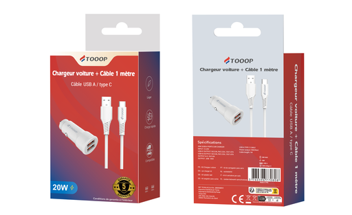 [TKVAA-AC] Kit Chargeur Voiture 20W Double USB + Câble USB A vers Type-c