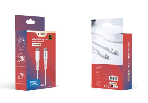 [TCACTCPW2] Câble C vers C PVC blanc 2 mètre