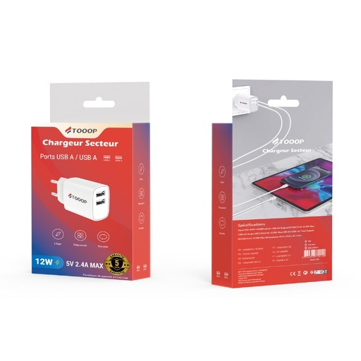 [TCH12AAW] Chargeur 12W double port USB-A