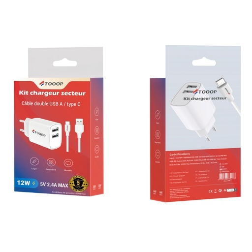Kit chargeur double USB A et câble A vers C