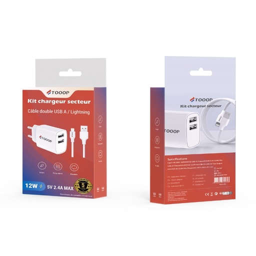 Kit Chargeur double USB A et câble A vers Lightning