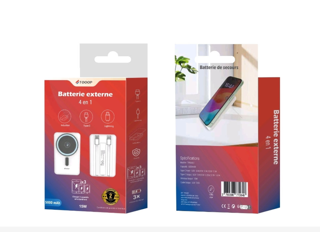 Power bank 4-en-1 TOOOP avec charge à induction, câbles intégrés Lightning et Type-C, support téléphone intégré. Compacte, légère et puissante : la batterie parfaite pour une recharge rapide en toutes circonstance