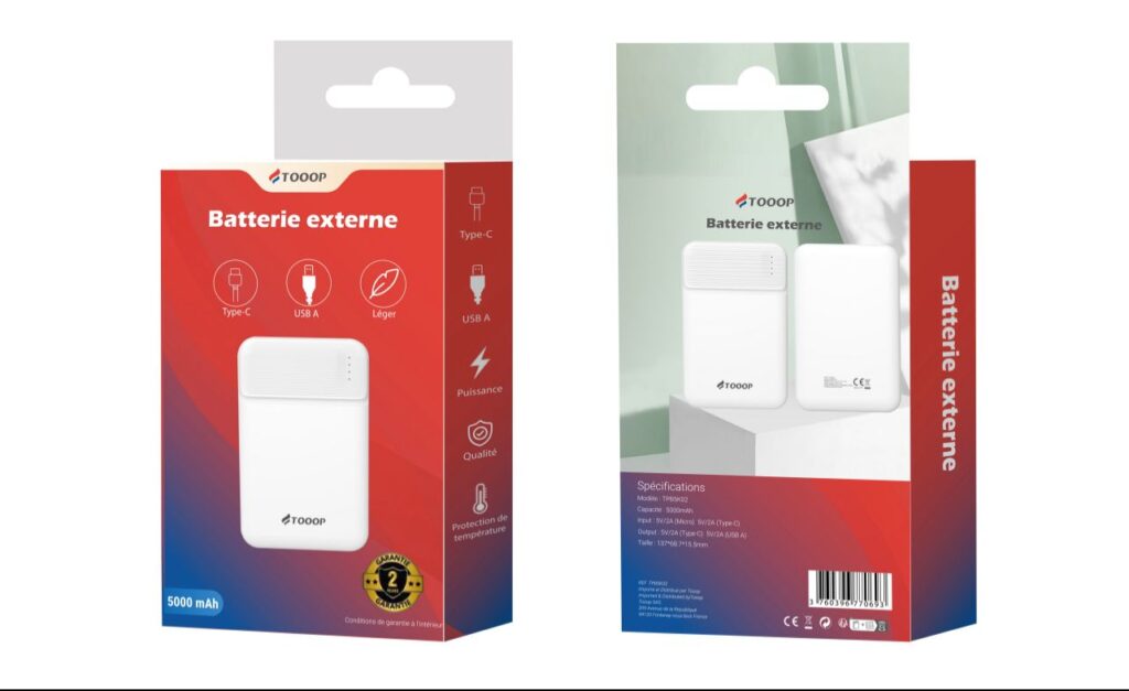Batterie externe 5000 mAh compacte TOOOP avec ports USB-A et Type-C. Design fin, légère, puissante, idéale pour le quotidien, les déplacements, et les utilisateurs mobiles.